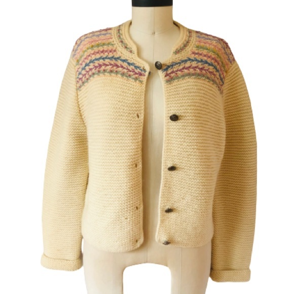 Vtg Hand Knit Embroidered 100% Pure Wool Pastel Rosebud Ivory Cardigan Sweater - Picture 2 of 16